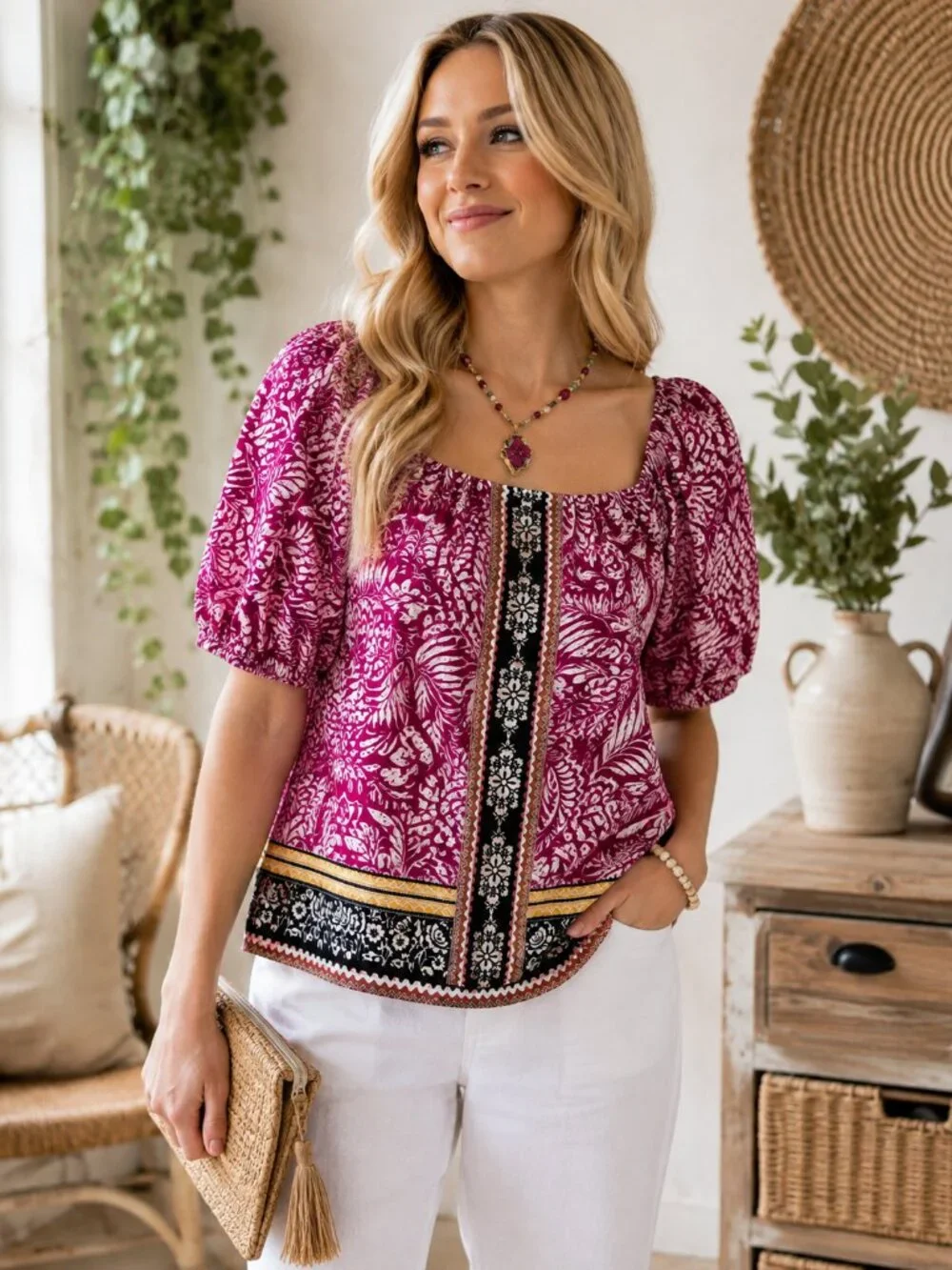 LOFT Brand Petite Palm Bubble Sleeve Square Neck Blouse Magenta/Multi Size LP